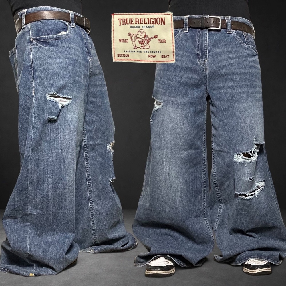 True Religion Jessie Super Baggy Distressed Jeans Blue Y2K Skater Size 34